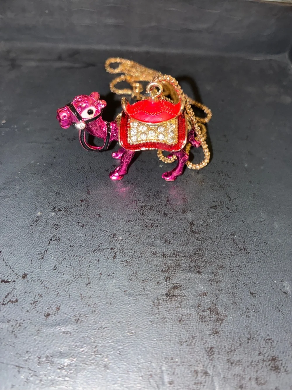 Camel Pink Enamel Pendant Necklace with Clear Crystals On The Saddle. Stands